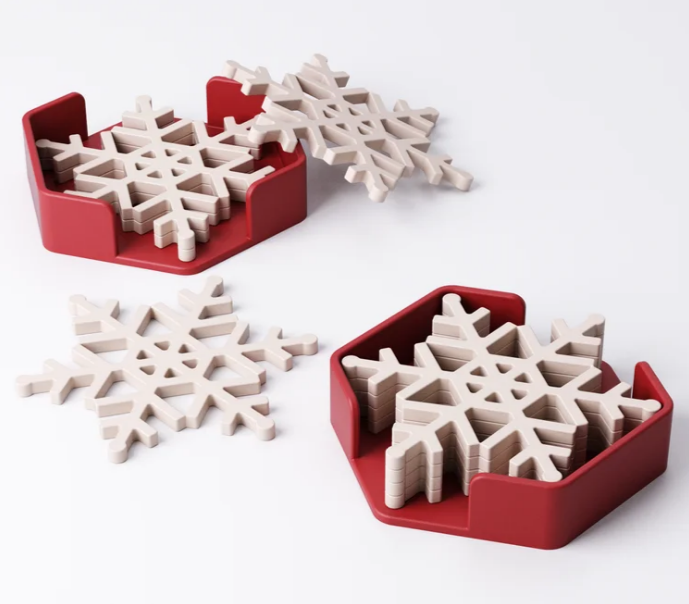 Snowflake Coaster Set with Holder - 3D Printed Winter Decor