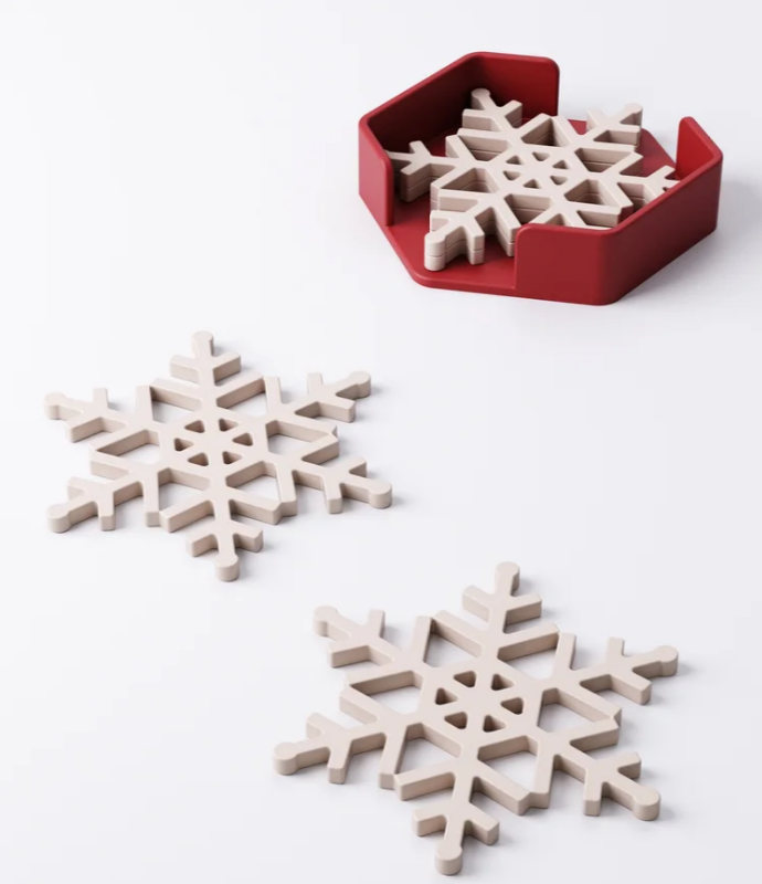 Snowflake Coaster Set with Holder - 3D Printed Winter Decor