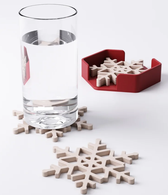 Snowflake Coaster Set with Holder - 3D Printed Winter Decor