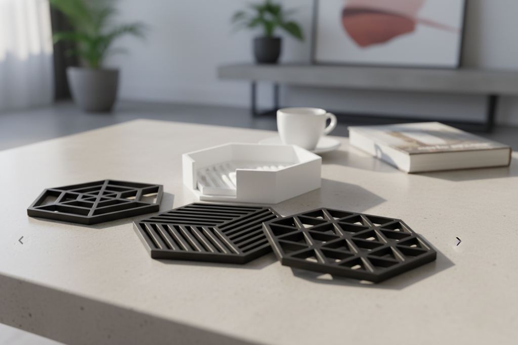 Geometric Hexagonal Coaster Set with Holder - 3D Printed Modern Design
