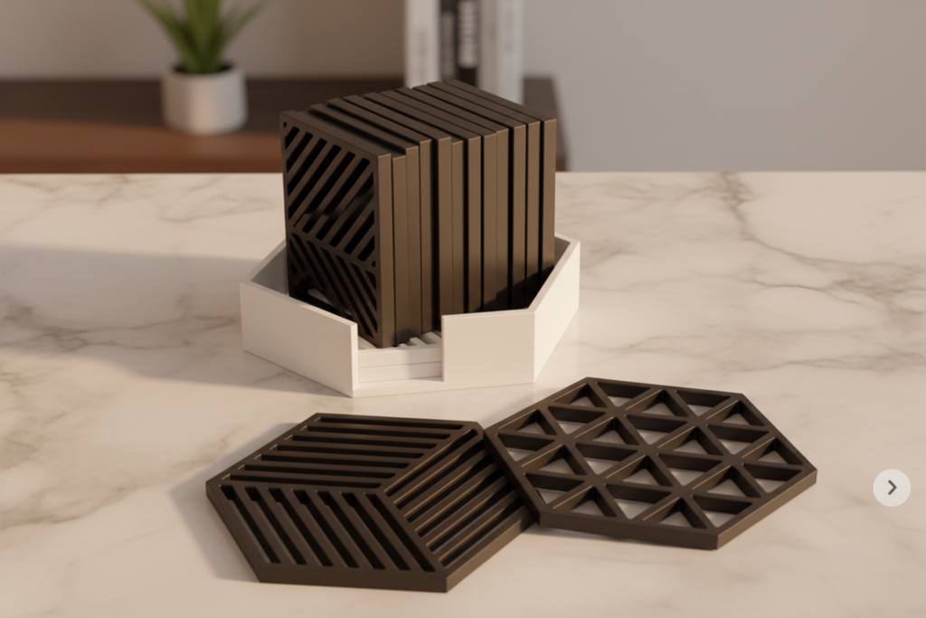 Geometric Hexagonal Coaster Set with Holder - 3D Printed Modern Design