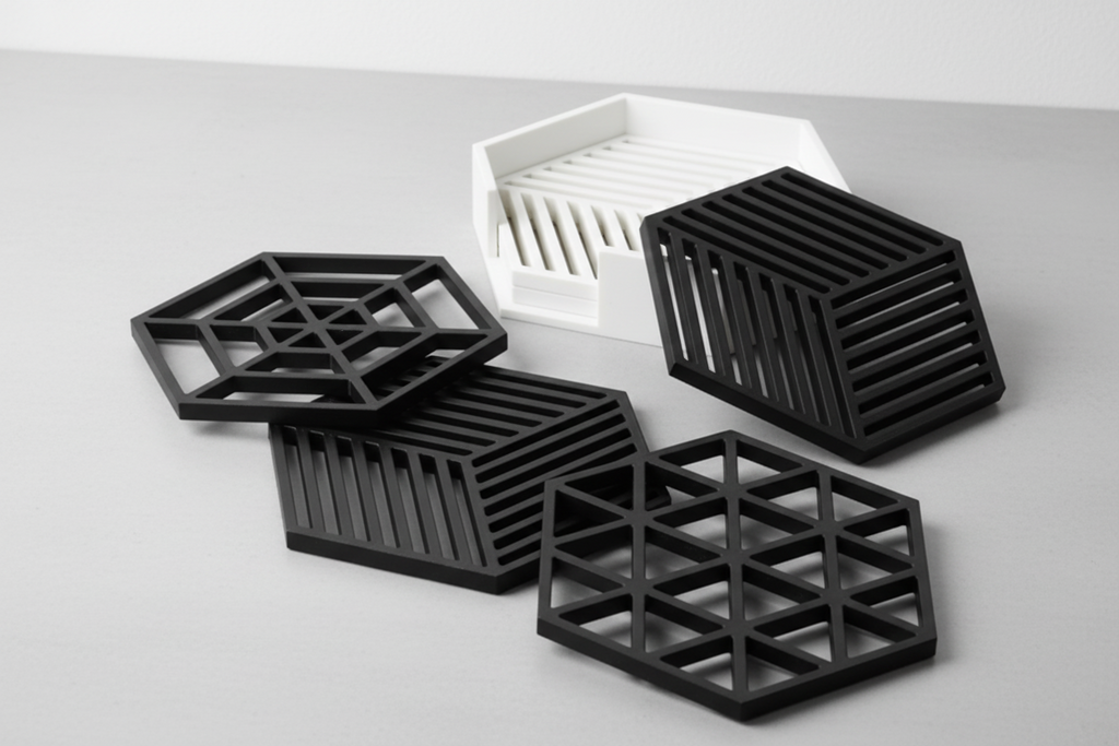 Geometric Hexagonal Coaster Set with Holder - 3D Printed Modern Design