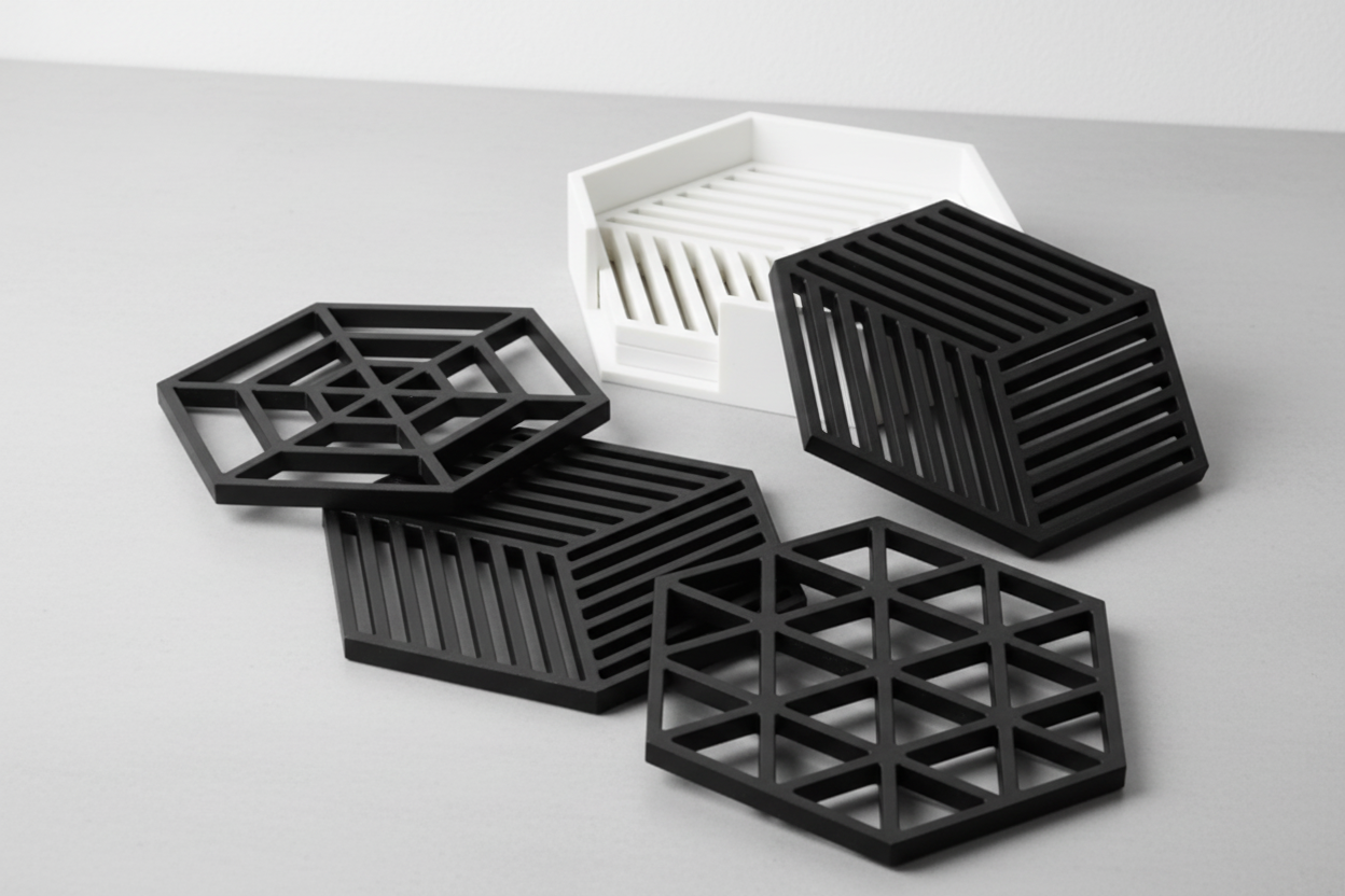 Geometric Hexagonal Coaster Set with Holder - 3D Printed Modern Design
