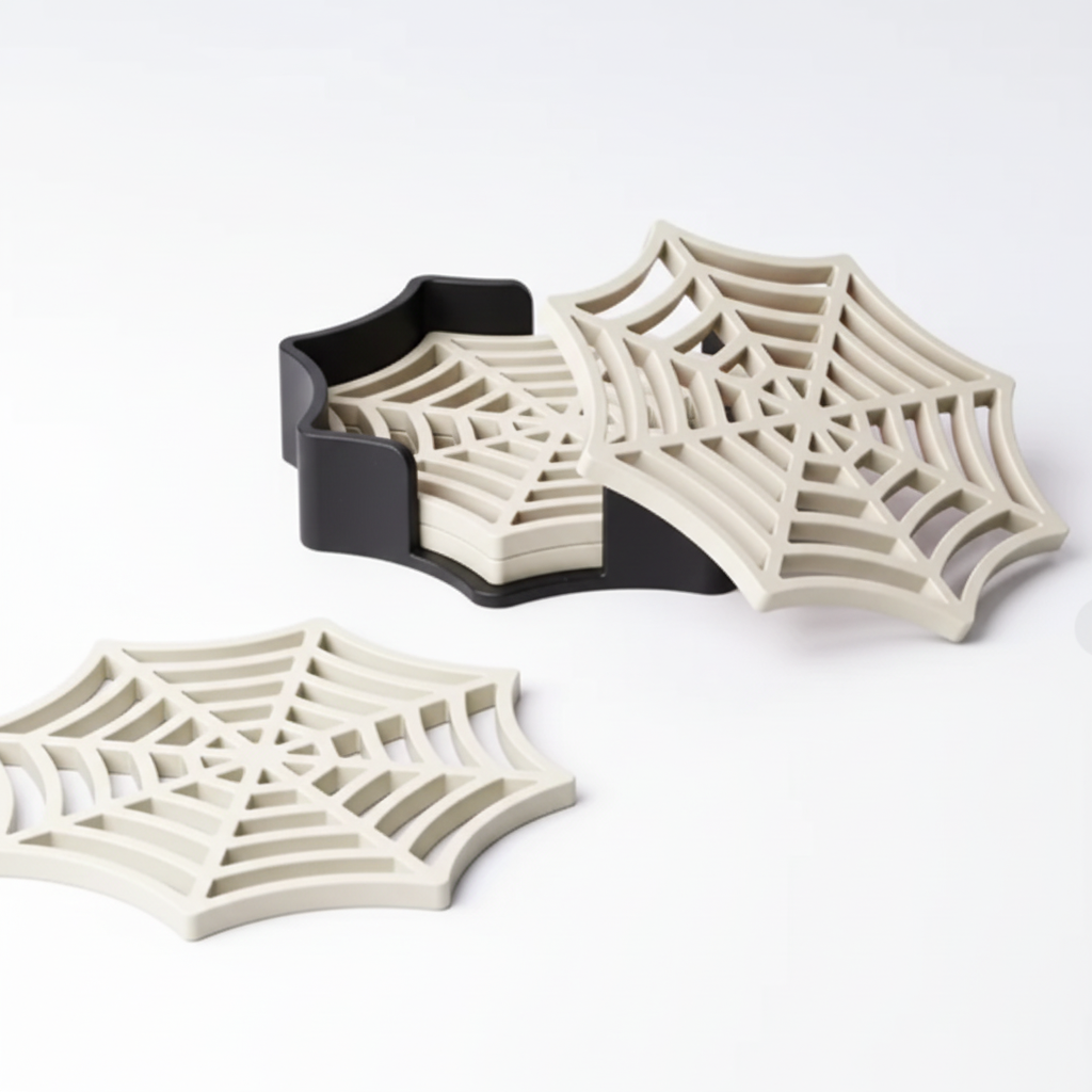Spider Web Coaster Set with Holder - 3D Printed Halloween Decor